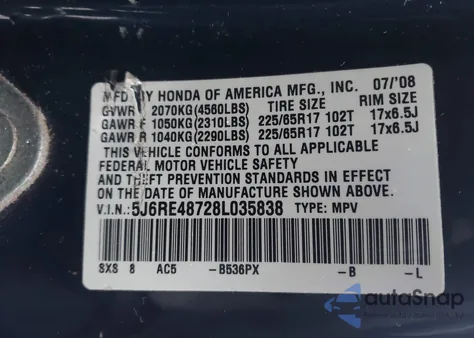 2008 Honda Cr-V Ex-L z USA, uszkodzony, nr VIN 5J6RE48728L035838